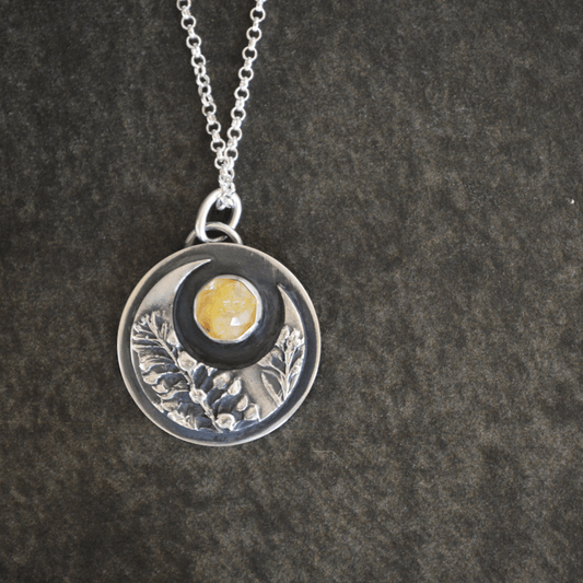 Crescent Moon Necklace, Peppergrass and Rutilated Quartz - Gayle Dowell