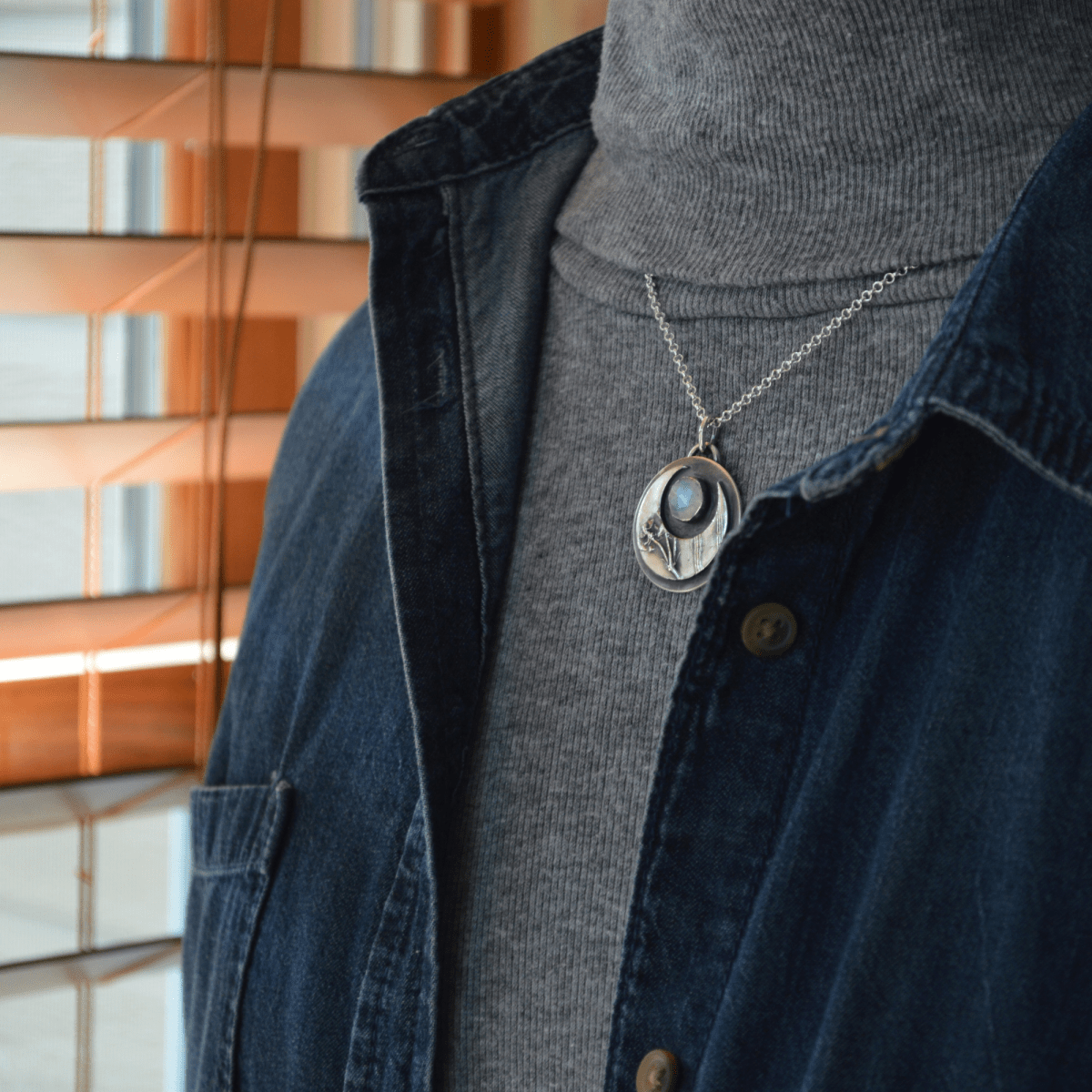Crescent Moon Necklace, Peppergrass and Rutilated Quartz - Gayle Dowell