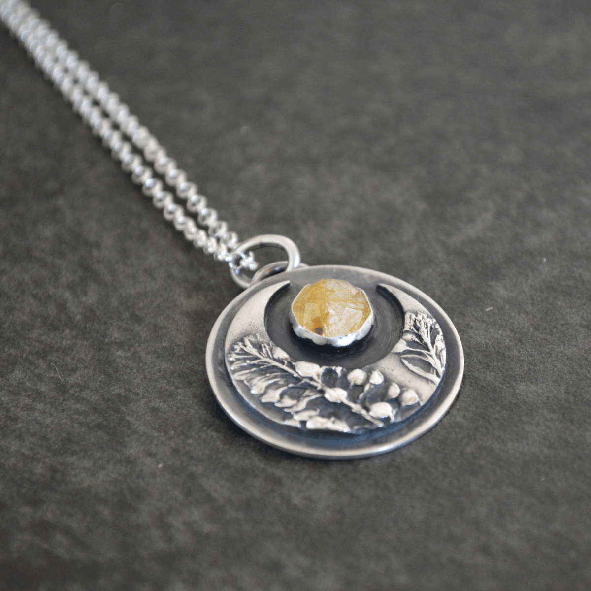 Crescent Moon Necklace, Peppergrass and Rutilated Quartz - Gayle Dowell