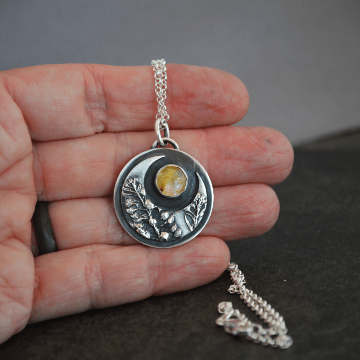 Crescent Moon Necklace, Peppergrass and Rutilated Quartz - Gayle Dowell