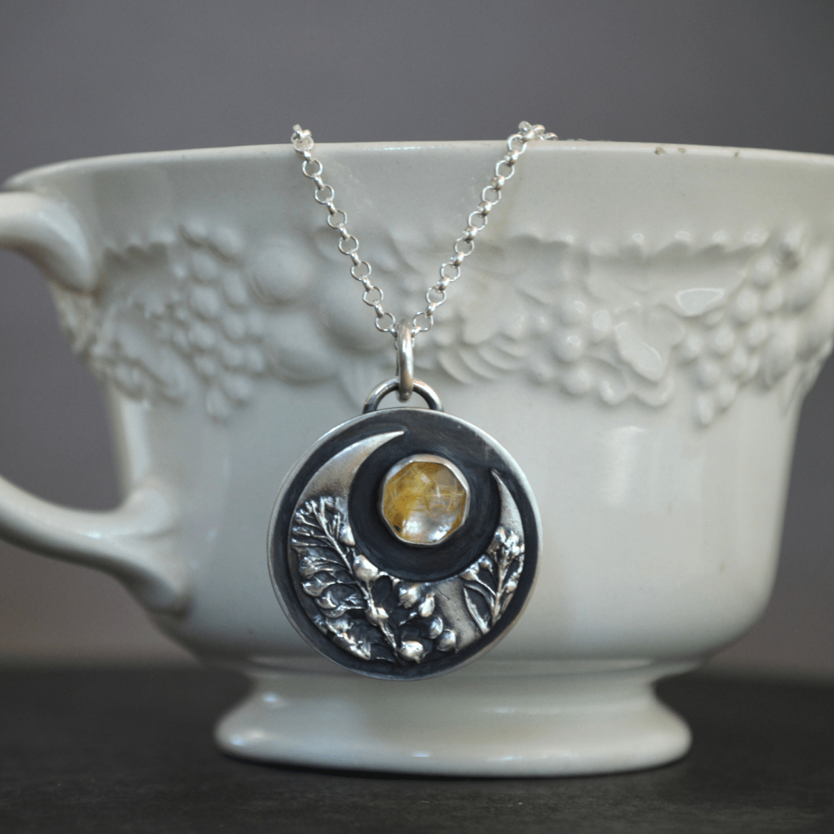 Crescent Moon Necklace, Peppergrass and Rutilated Quartz - Gayle Dowell