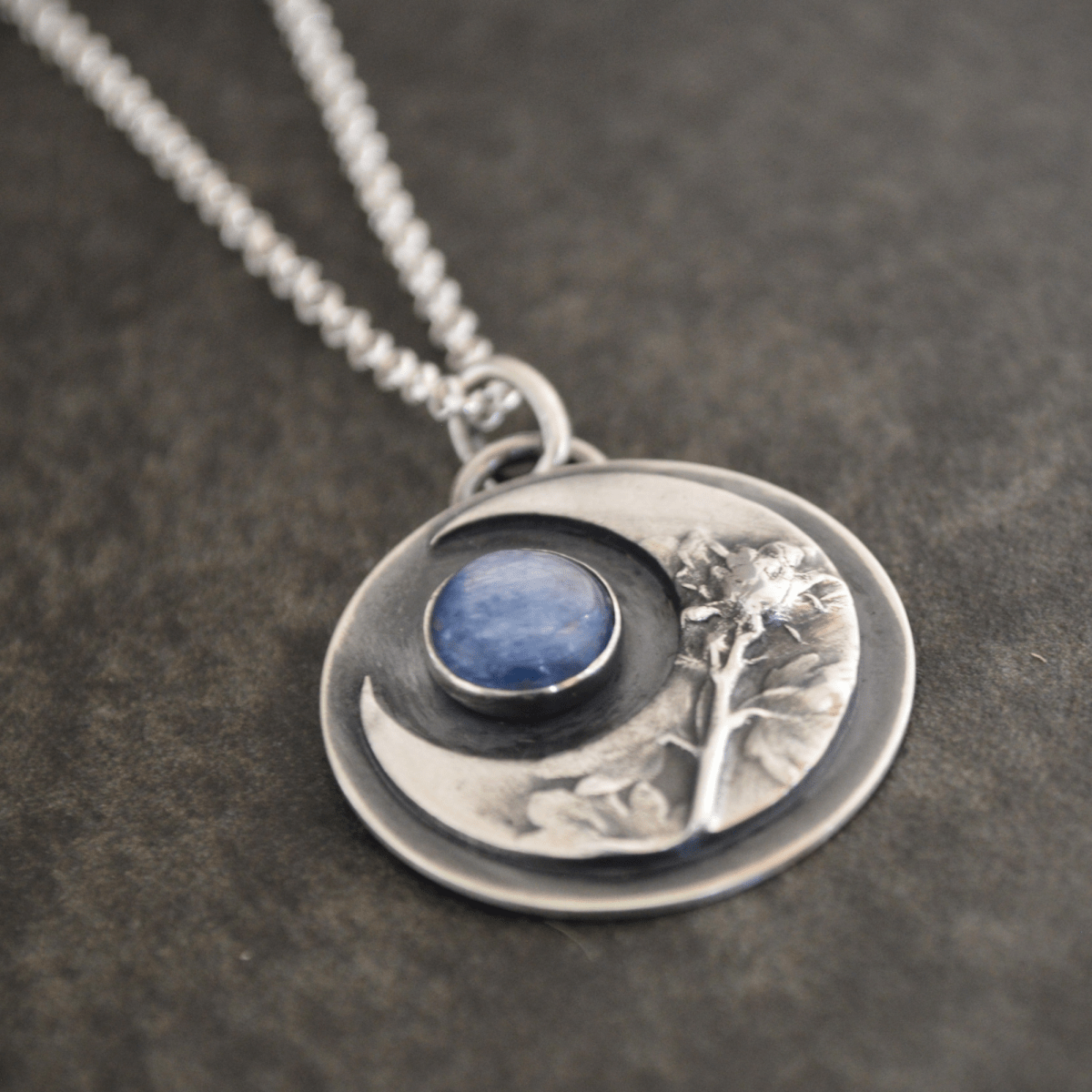 Crescent Moon Necklace, Wayside Speedwell with Kyanite - Gayle Dowell