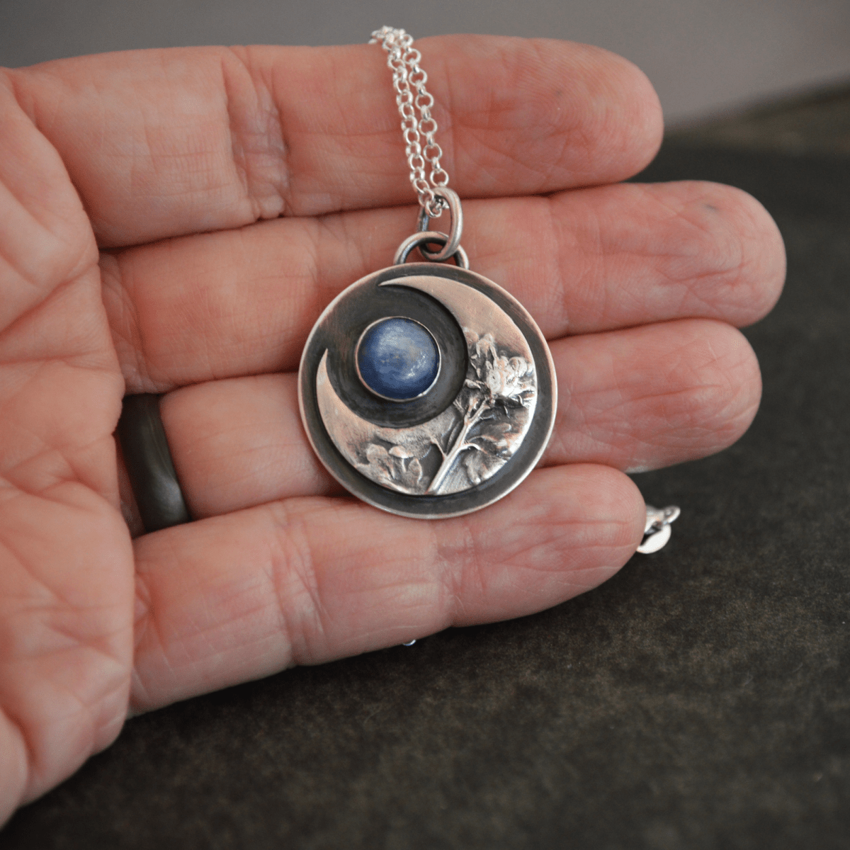 Crescent Moon Necklace, Wayside Speedwell with Kyanite - Gayle Dowell