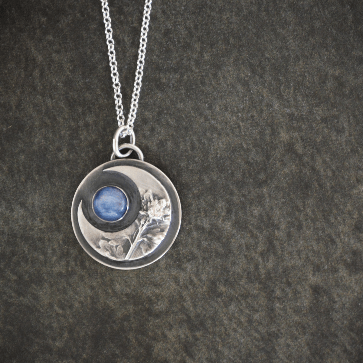 Crescent Moon Necklace, Wayside Speedwell with Kyanite - Gayle Dowell