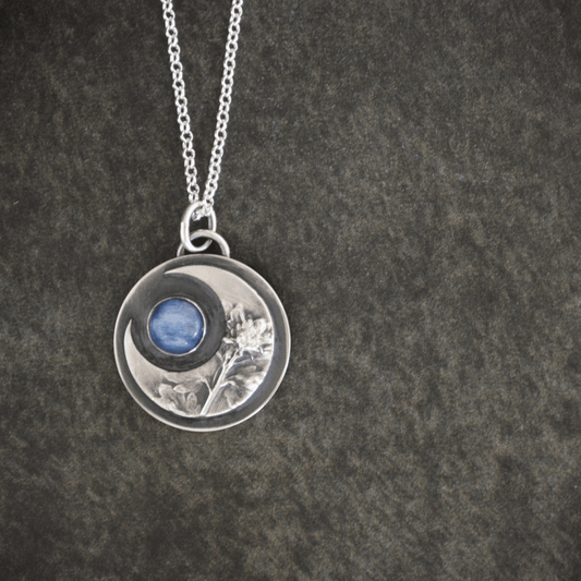 Crescent Moon Necklace, Wayside Speedwell with Kyanite - Gayle Dowell