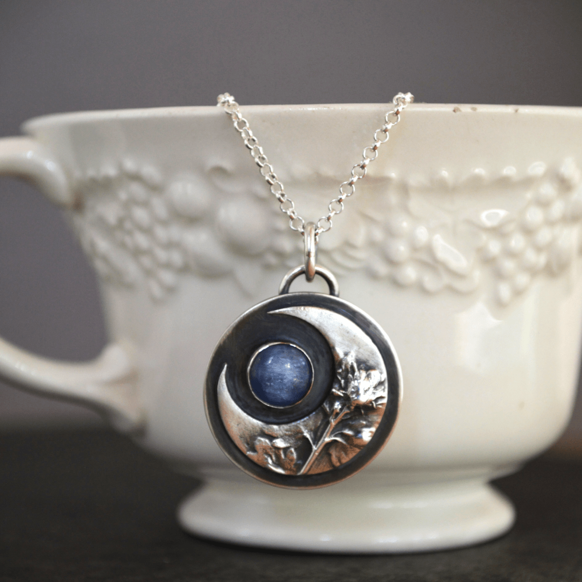 Crescent Moon Necklace, Wayside Speedwell with Kyanite - Gayle Dowell