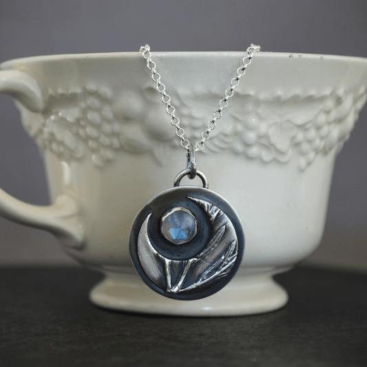 Crescent Moon Necklace, White Sage and Rainbow Moonstone - Gayle Dowell