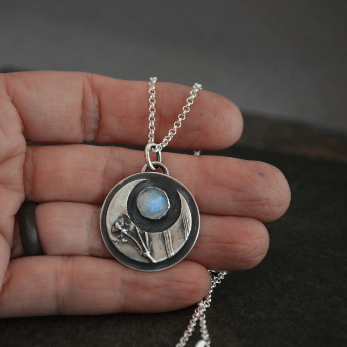 Crescent Moon Necklace, Whorled Milkweed and Rainbow Moonstone - Gayle Dowell