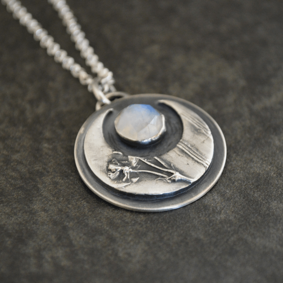 Crescent Moon Necklace, Whorled Milkweed and Rainbow Moonstone - Gayle Dowell