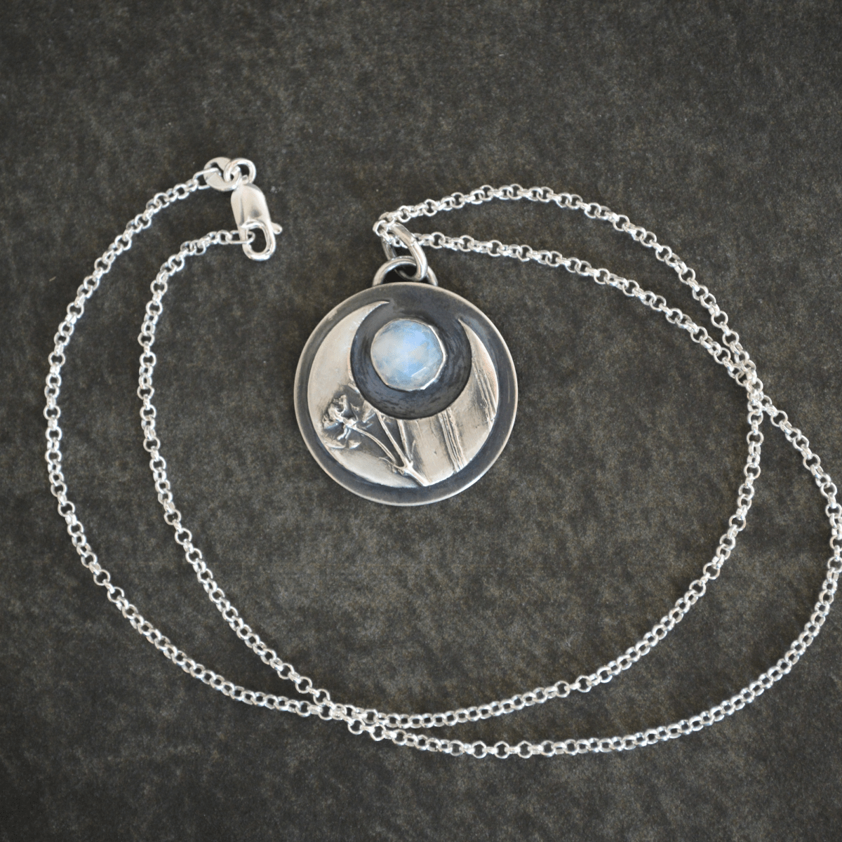 Crescent Moon Necklace, Whorled Milkweed and Rainbow Moonstone - Gayle Dowell