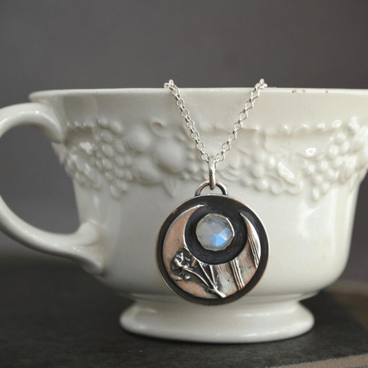Crescent Moon Necklace, Whorled Milkweed and Rainbow Moonstone - Gayle Dowell