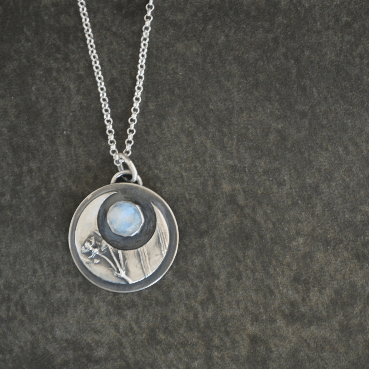 Crescent Moon Necklace, Whorled Milkweed and Rainbow Moonstone - Gayle Dowell