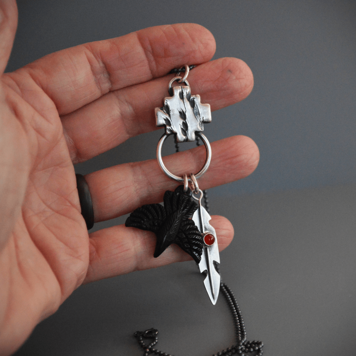 Crow Charm Necklace with Feather - Gayle Dowell