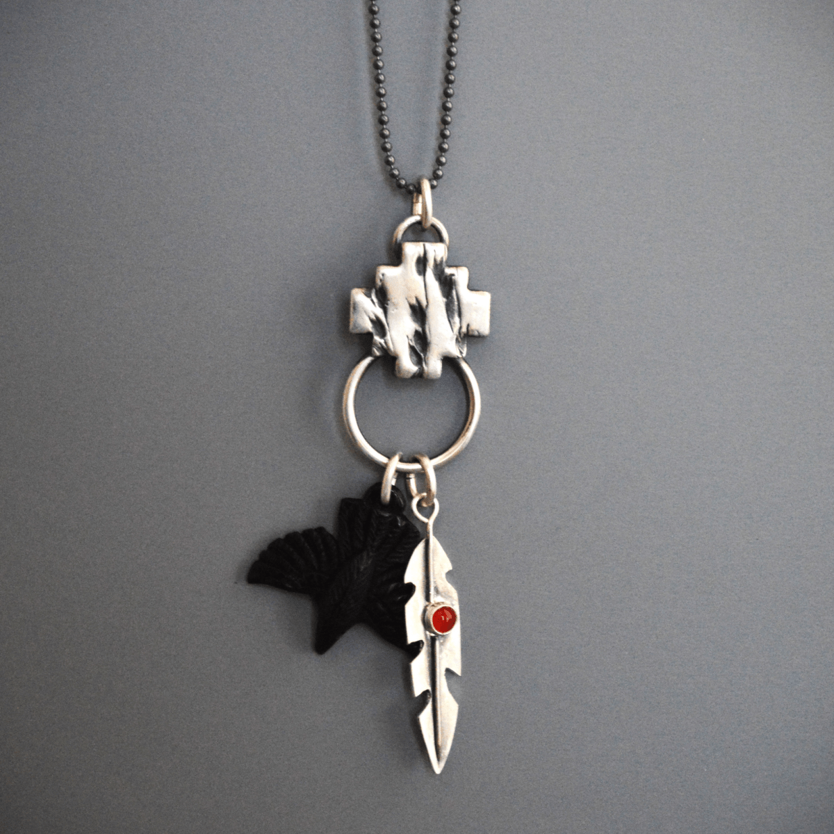 Crow Charm Necklace with Feather - Gayle Dowell