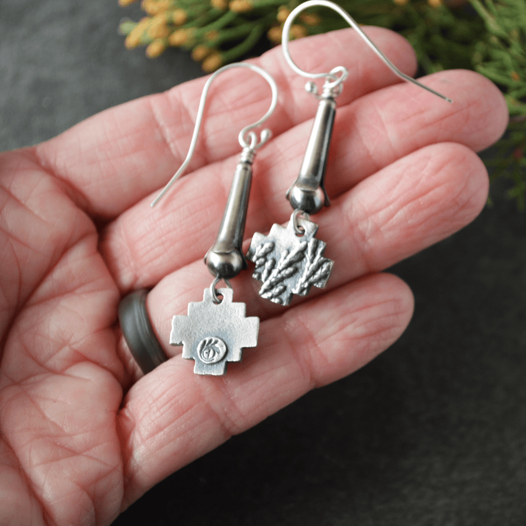 Mini Squash Blossom Earrings with Cedar Crosses - Gayle Dowell