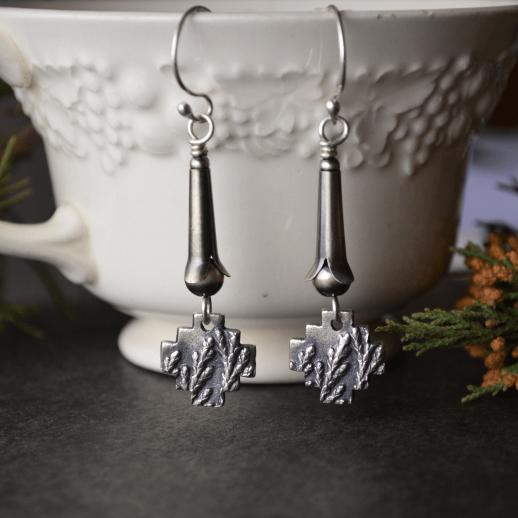 Mini Squash Blossom Earrings with Cedar Crosses - Gayle Dowell