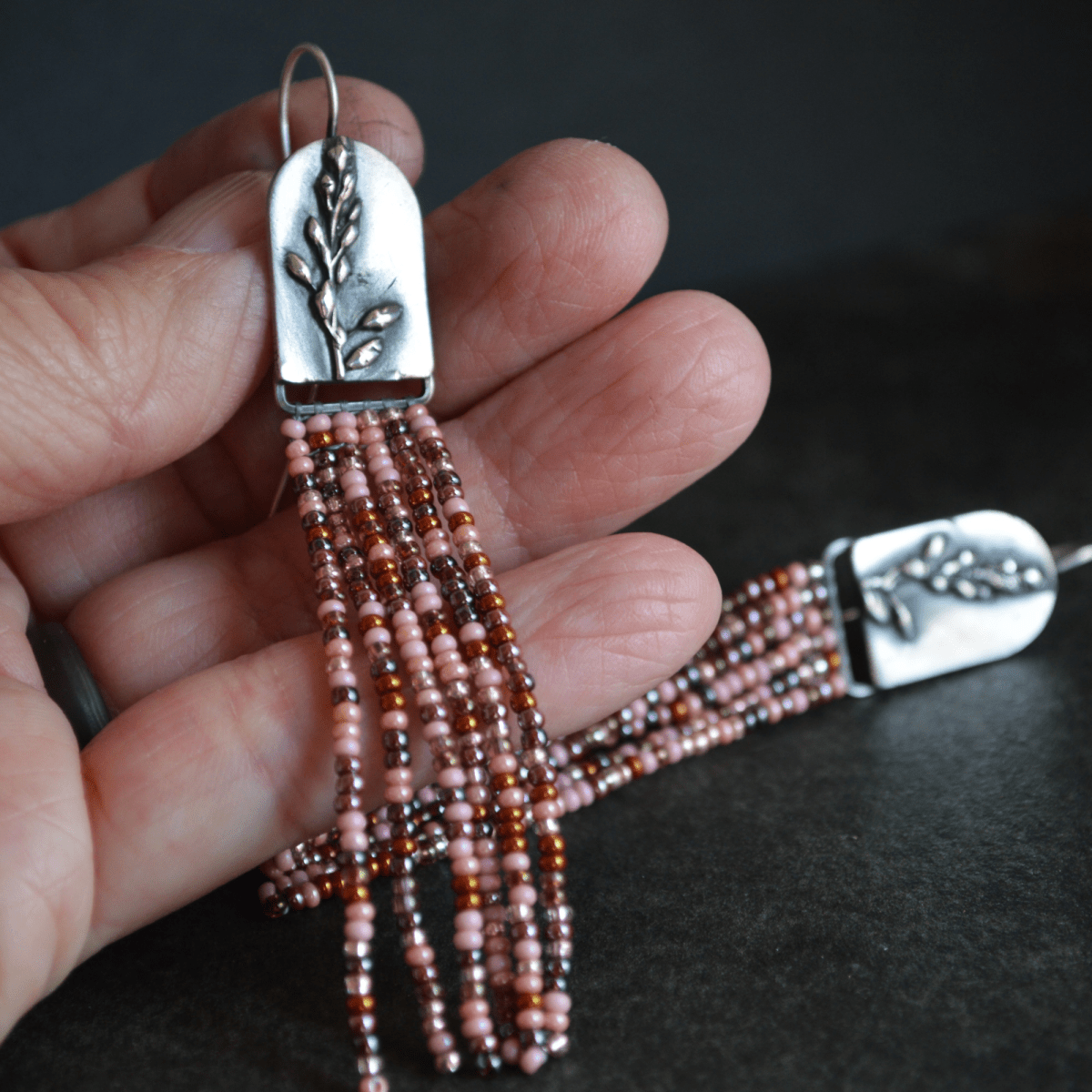 Pink Beaded Earrings, Tickclover in Fine Silver - Gayle Dowell