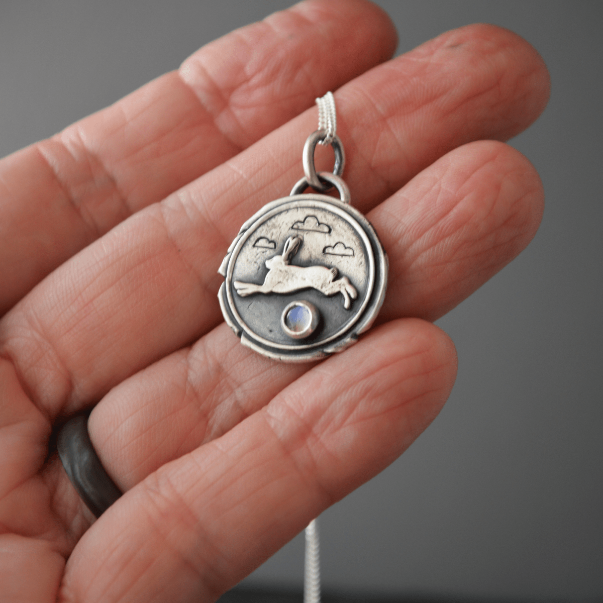 Rabbit Necklace with Rainbow Moonstone - Gayle Dowell