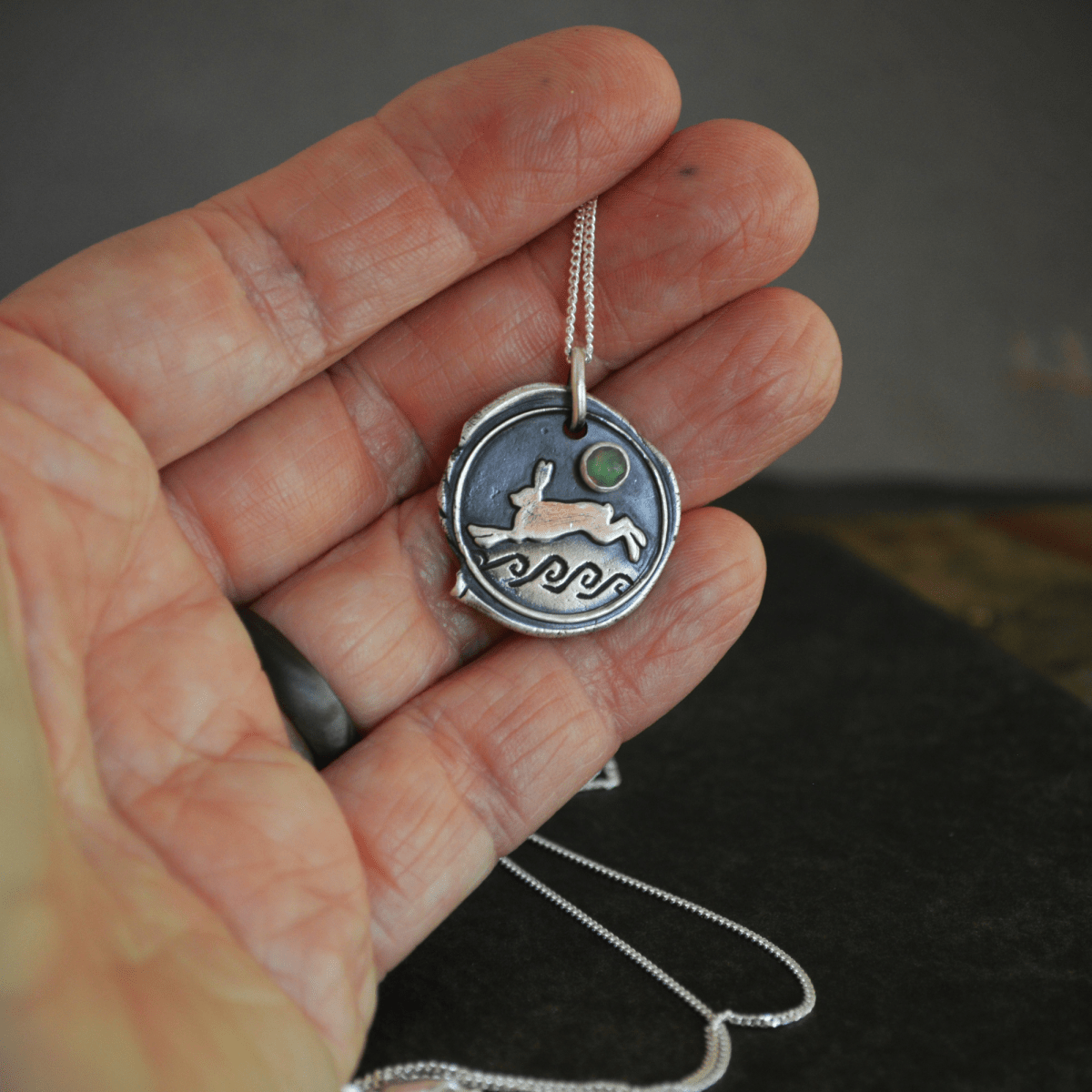 Rabbit Necklace with White Opal Moon - Gayle Dowell