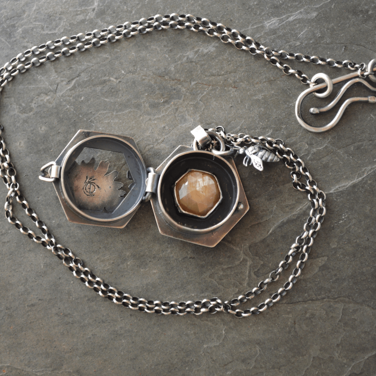 Silver Aster, Hive, Bee Locket Necklace with Sapphire - Gayle Dowell
