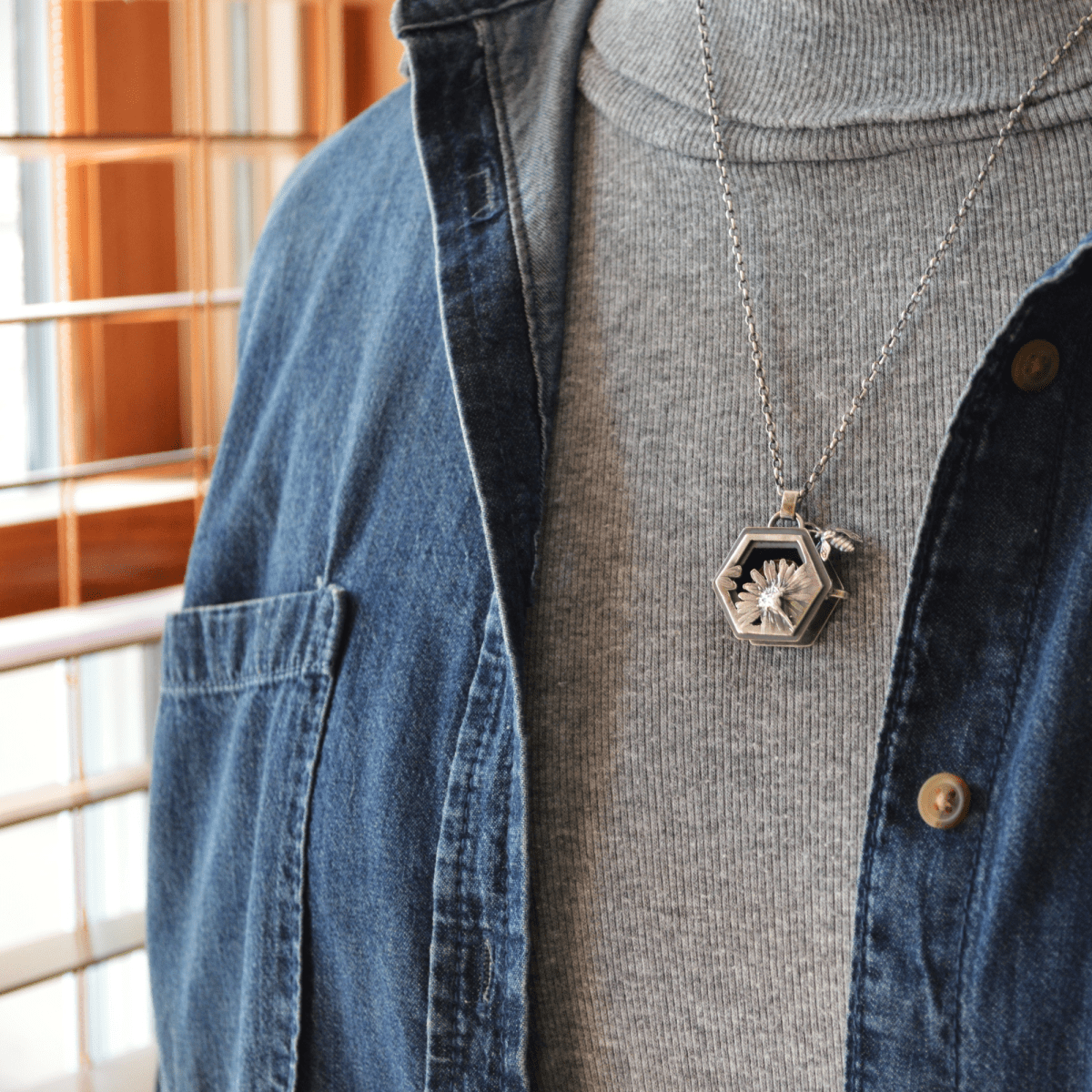 Silver Aster, Hive, Bee Locket Necklace with Sapphire - Gayle Dowell