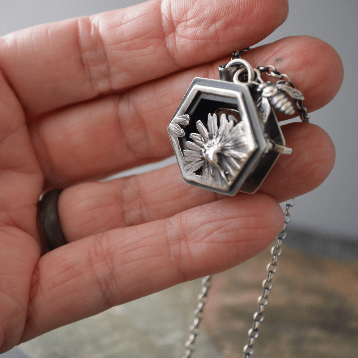 Silver Aster, Hive, Bee Locket Necklace with Sapphire - Gayle Dowell