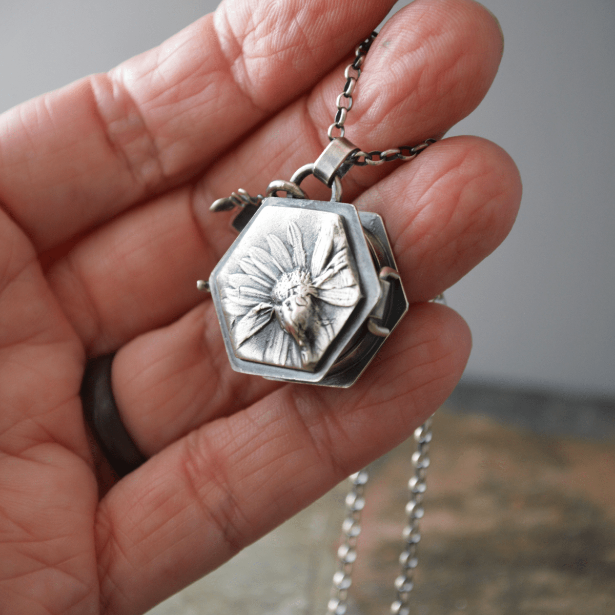 Silver Aster, Hive, Bee Locket Necklace with Sapphire - Gayle Dowell