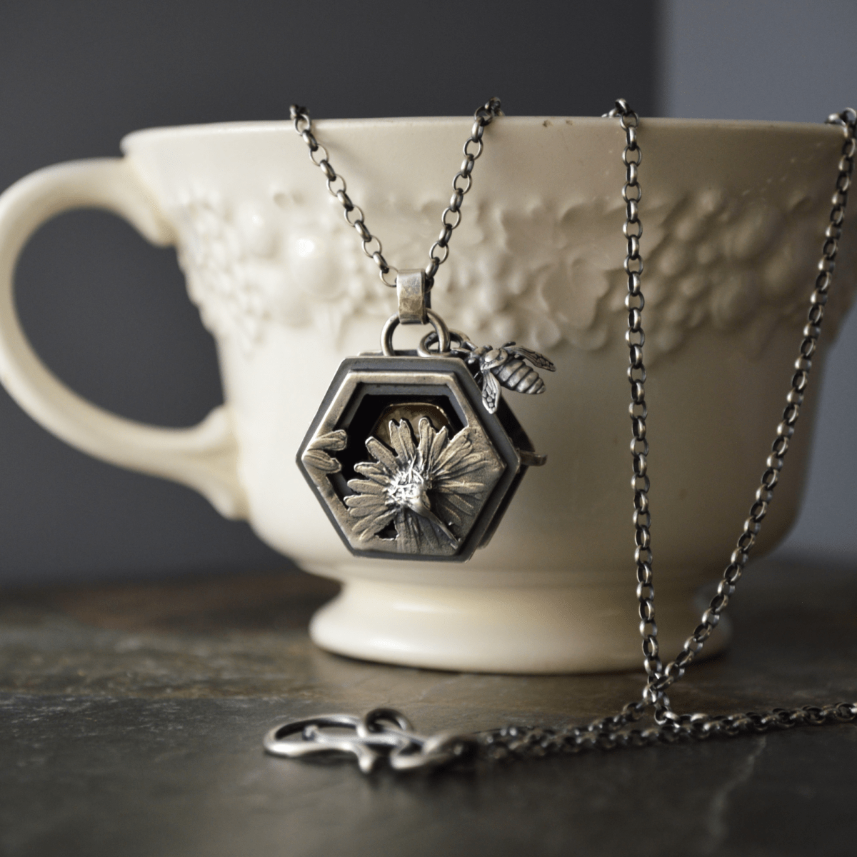 Silver Aster, Hive, Bee Locket Necklace with Sapphire - Gayle Dowell