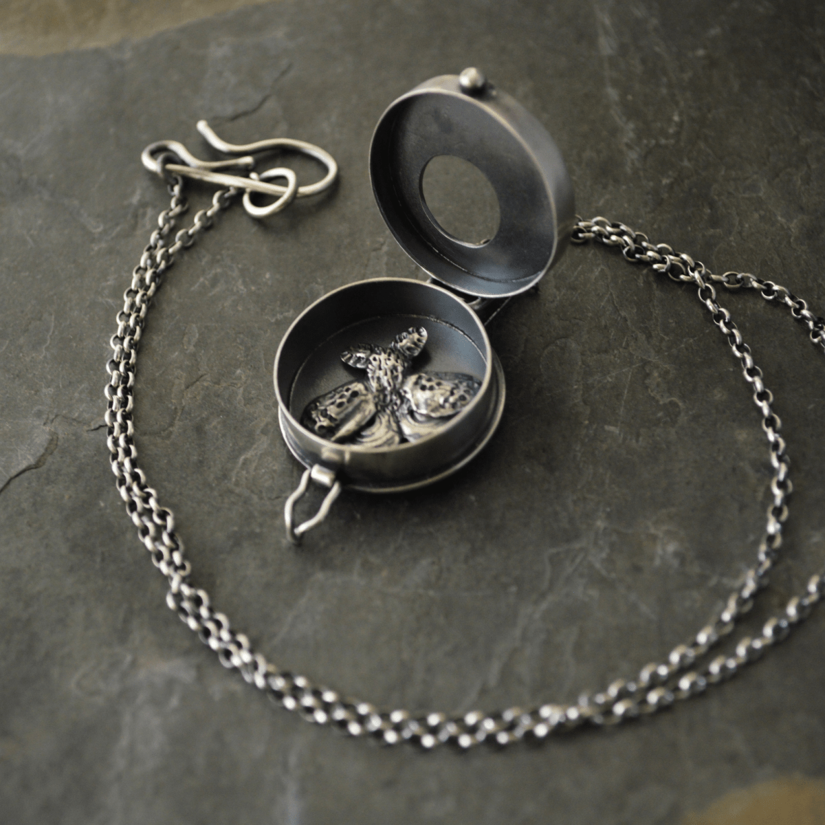 Silver Aster Moon and Moth Locket Necklace - Gayle Dowell