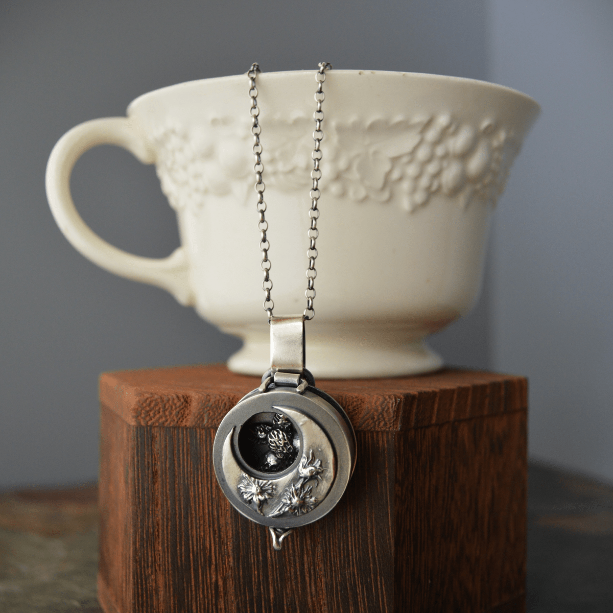Silver Aster Moon and Moth Locket Necklace - Gayle Dowell