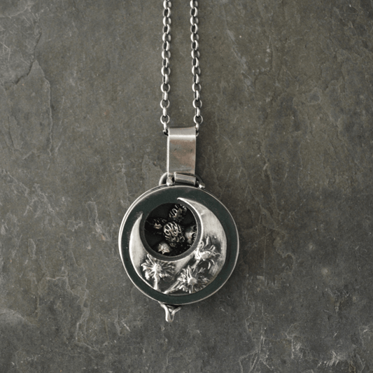 Silver Aster Moon and Moth Locket Necklace - Gayle Dowell