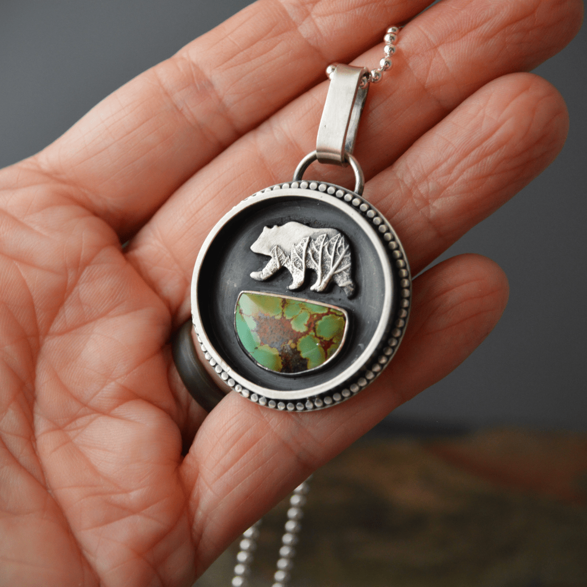Silver Bear Necklace with Bamboo Mountain Turquoise - Gayle Dowell