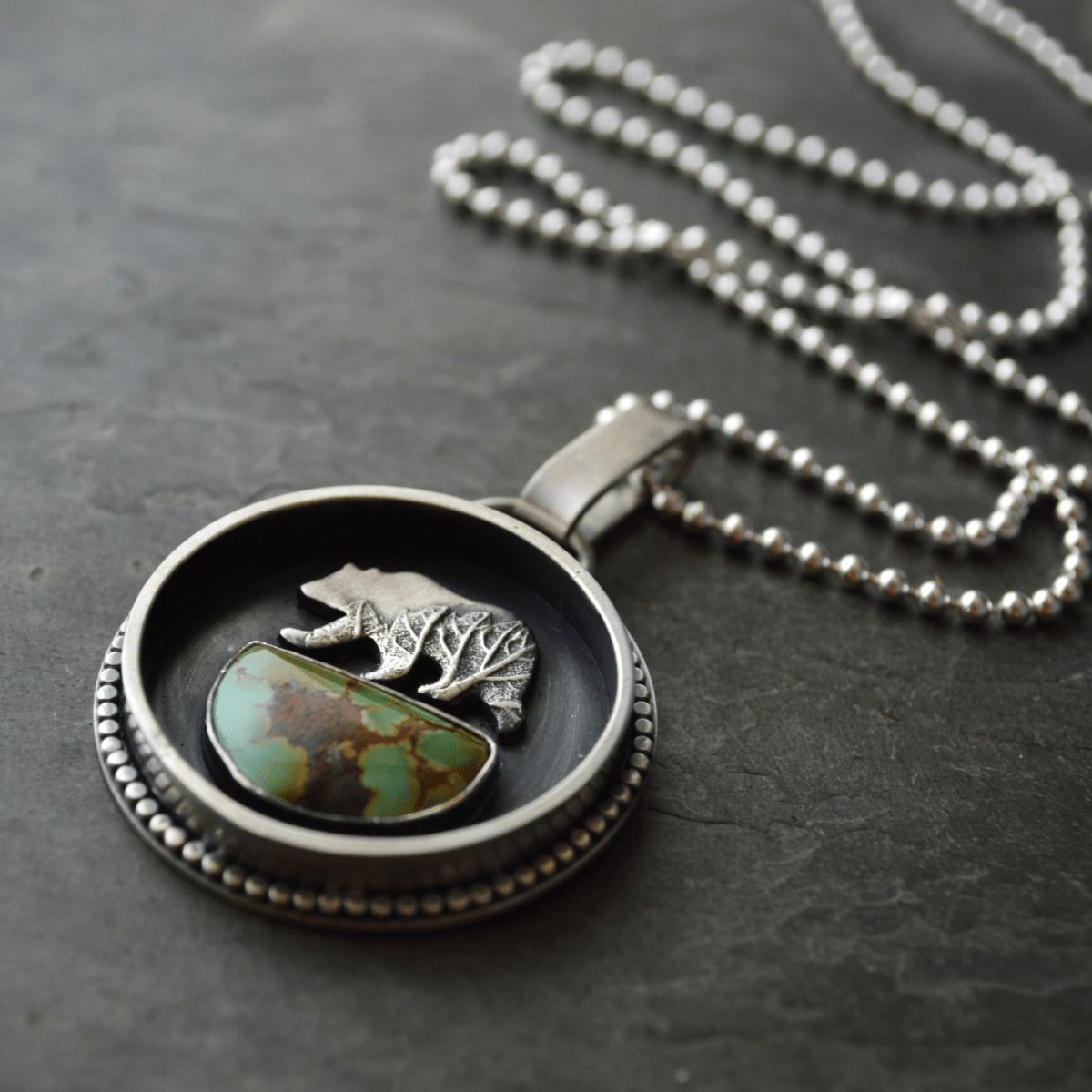 Silver Bear Necklace with Bamboo Mountain Turquoise - Gayle Dowell