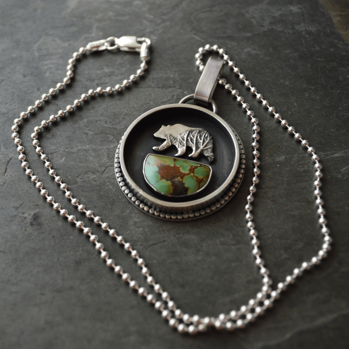 Silver Bear Necklace with Bamboo Mountain Turquoise - Gayle Dowell