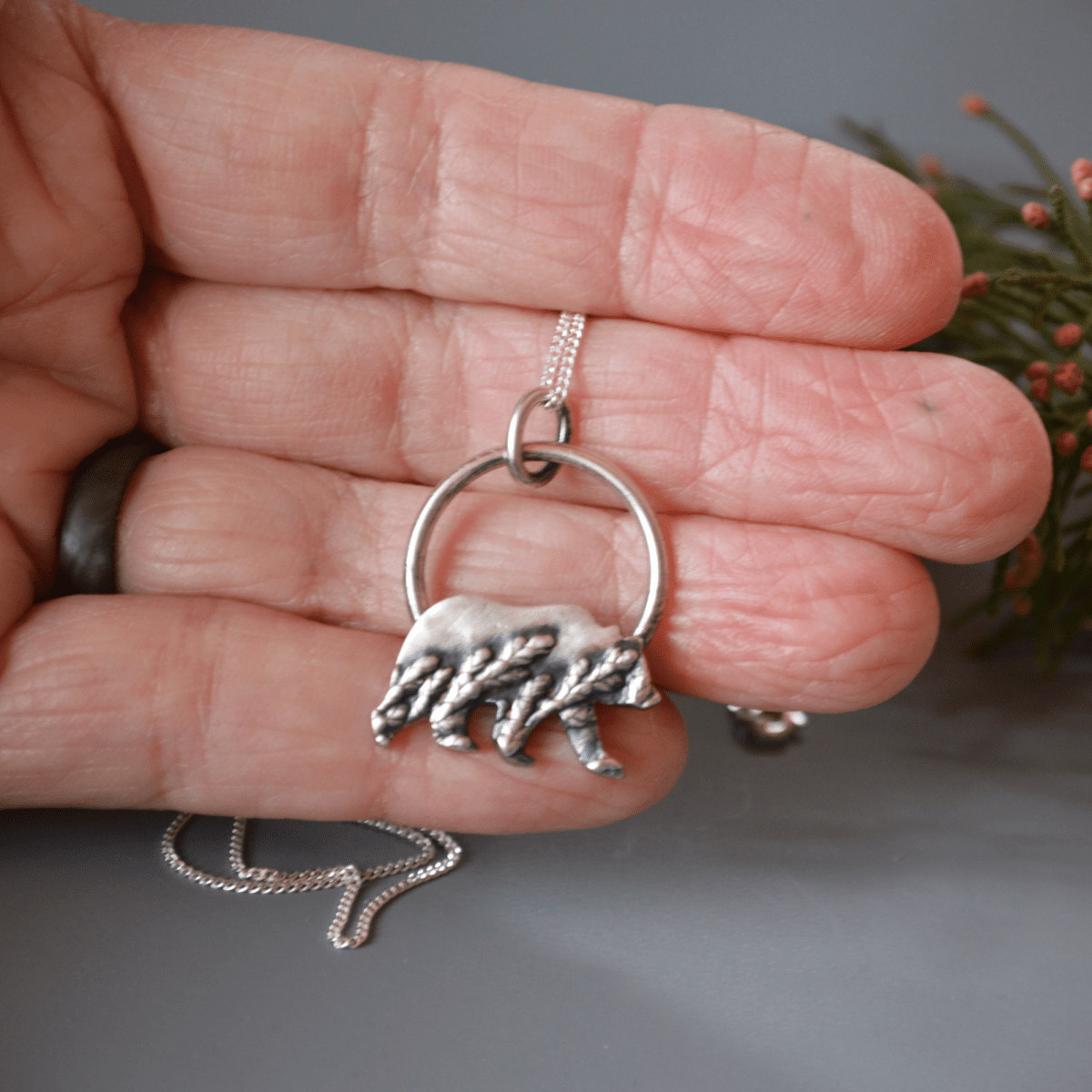 Silver Bear Pendant Necklace Textured with Cedar - Gayle Dowell