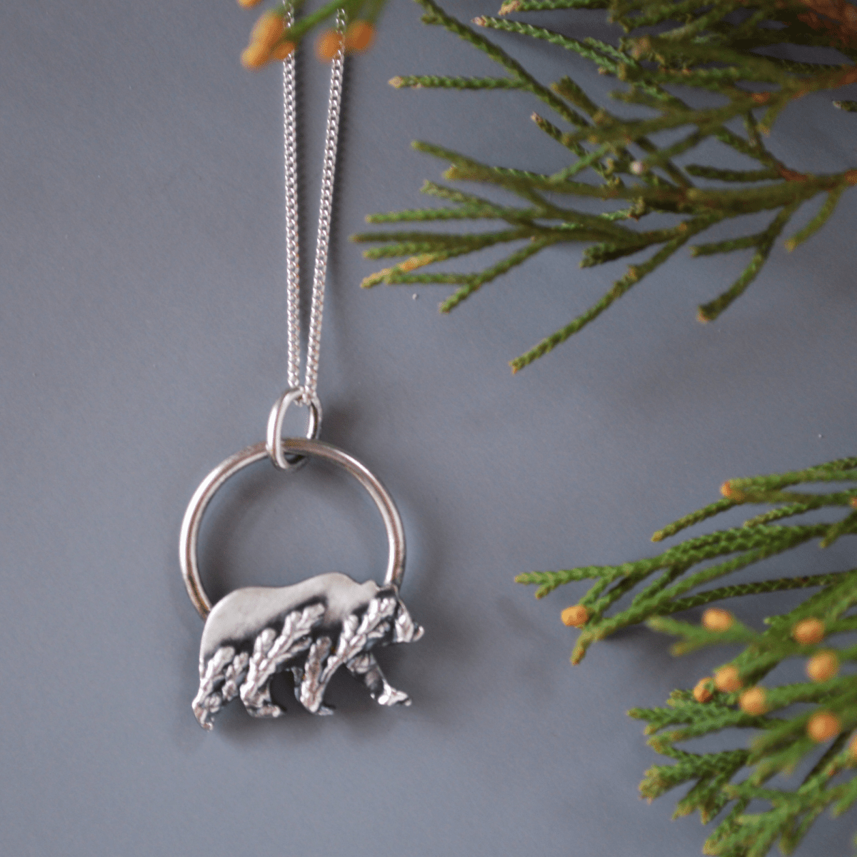 Silver Bear Pendant Necklace Textured with Cedar - Gayle Dowell