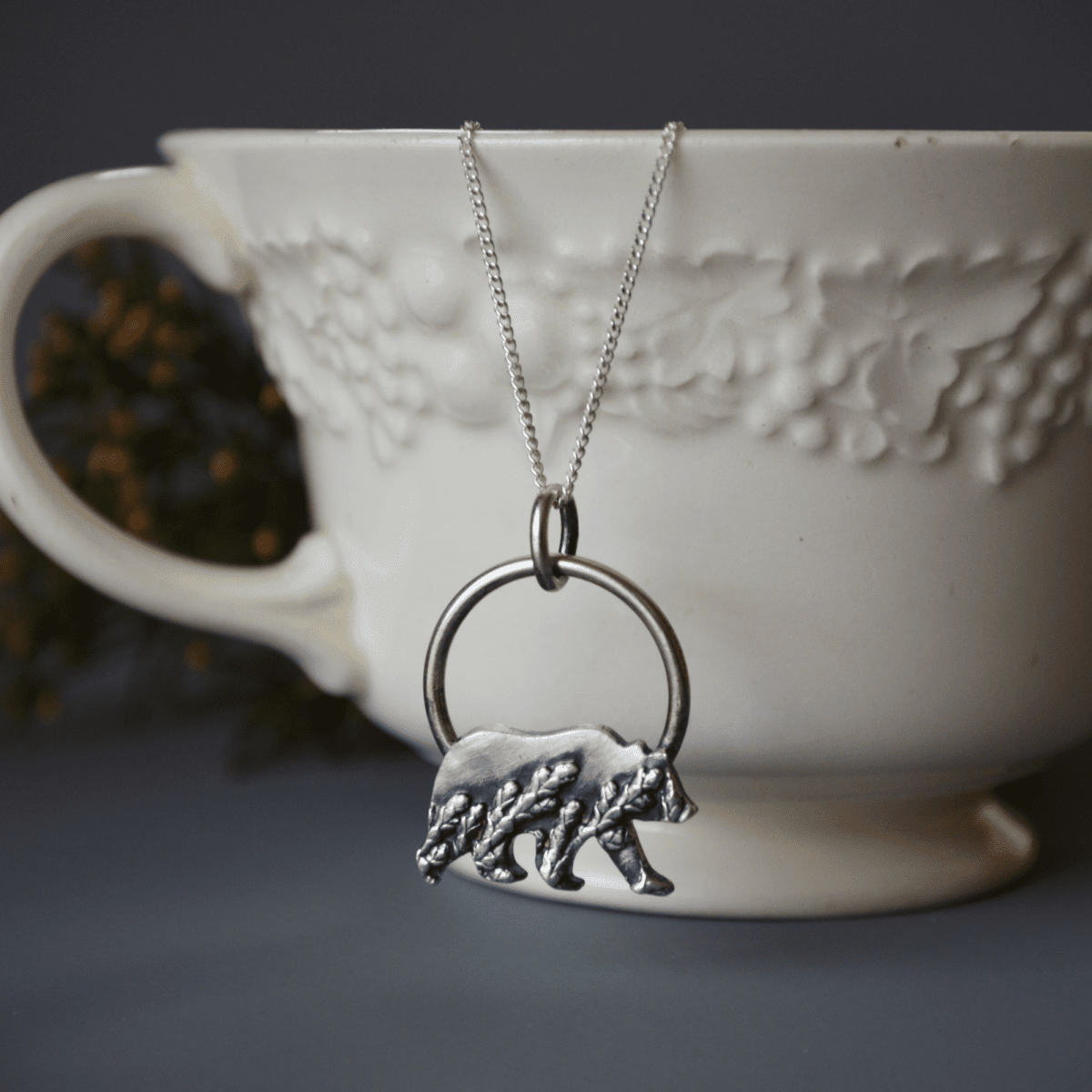 Silver Bear Pendant Necklace Textured with Cedar - Gayle Dowell