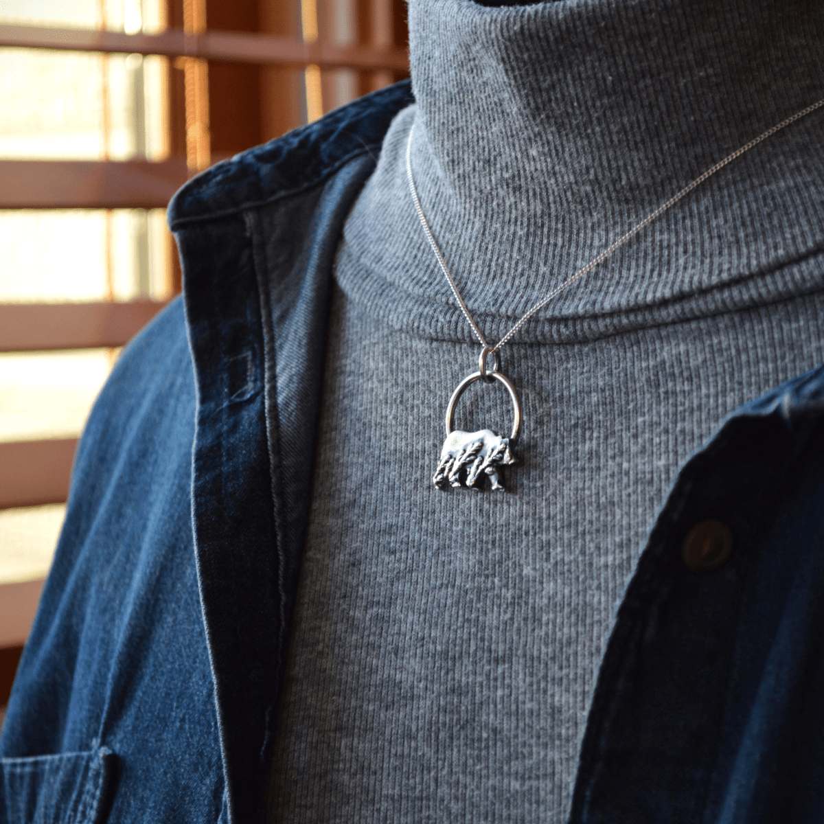 Silver Bear Pendant Necklace Textured with Cedar - Gayle Dowell