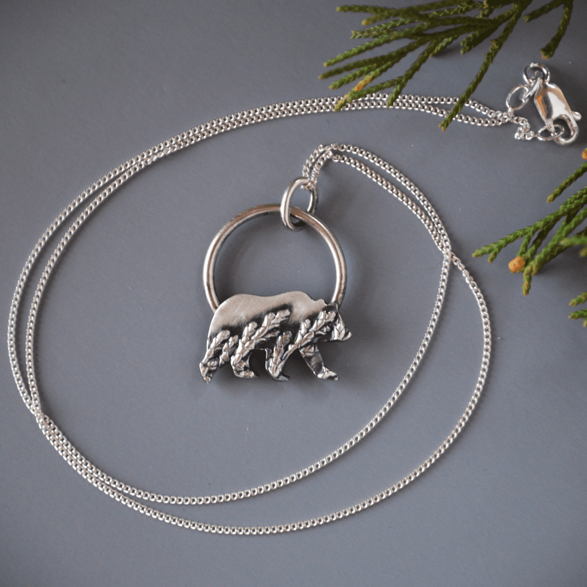Silver Bear Pendant Necklace Textured with Cedar - Gayle Dowell