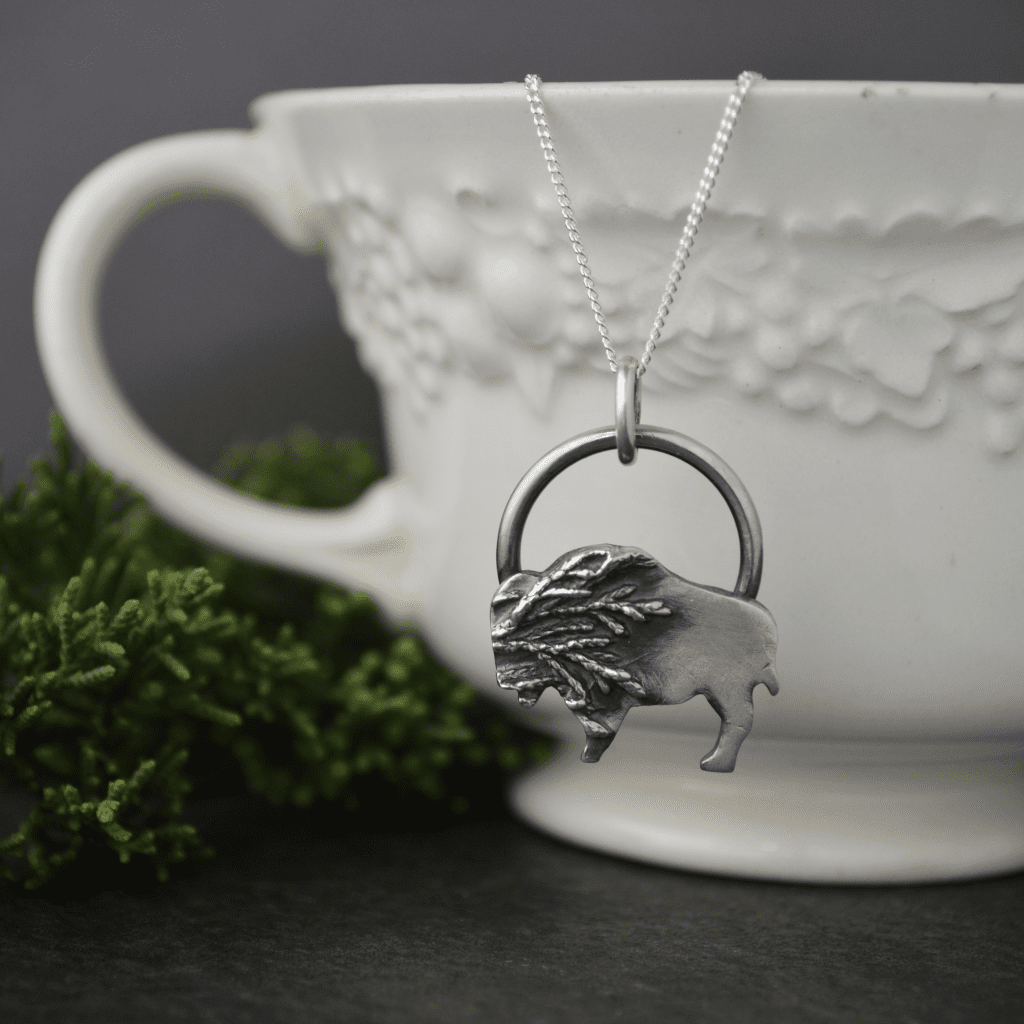 Silver Bison Pendant Necklace Textured with Cedar - Gayle Dowell