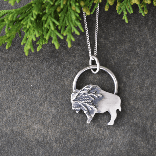 Silver Bison Pendant Necklace Textured with Cedar - Gayle Dowell