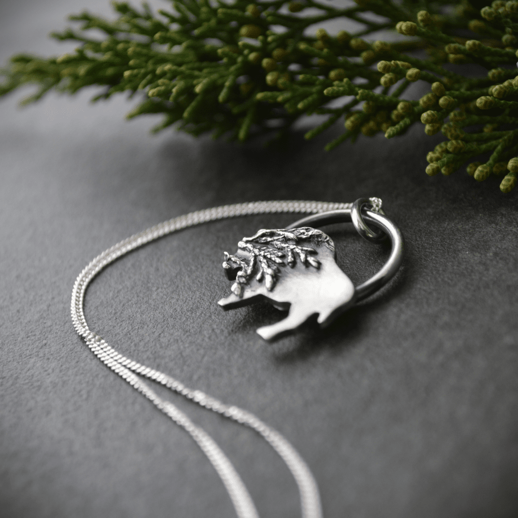 Silver Bison Pendant Necklace Textured with Cedar - Gayle Dowell