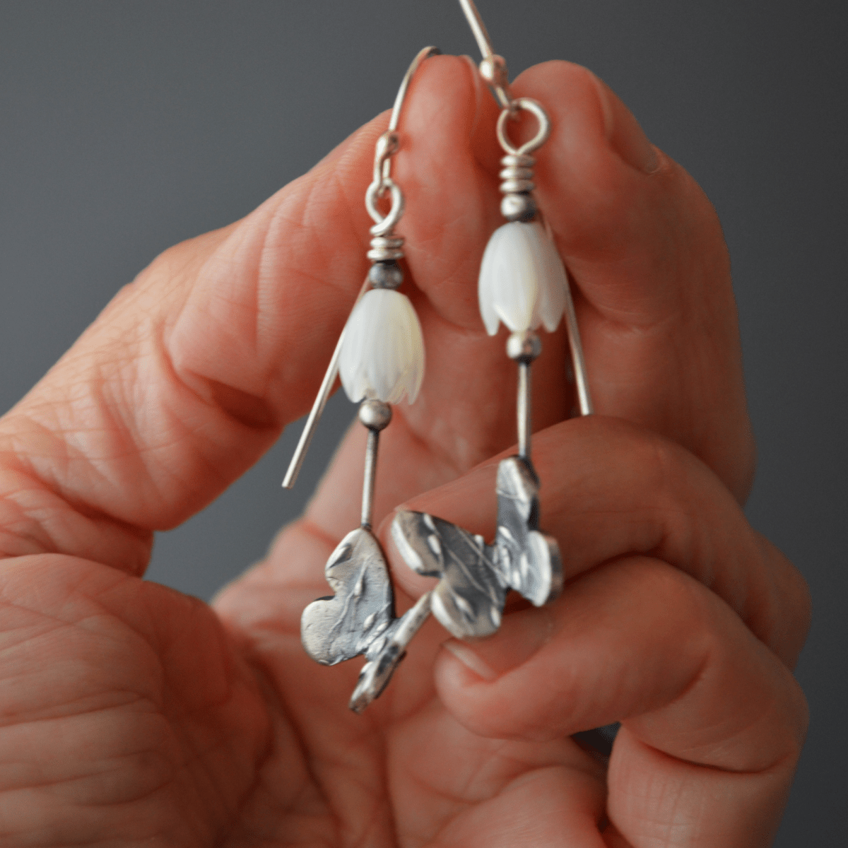 Silver Butterfly Earrings with Mother of Pearl Flower - Gayle Dowell