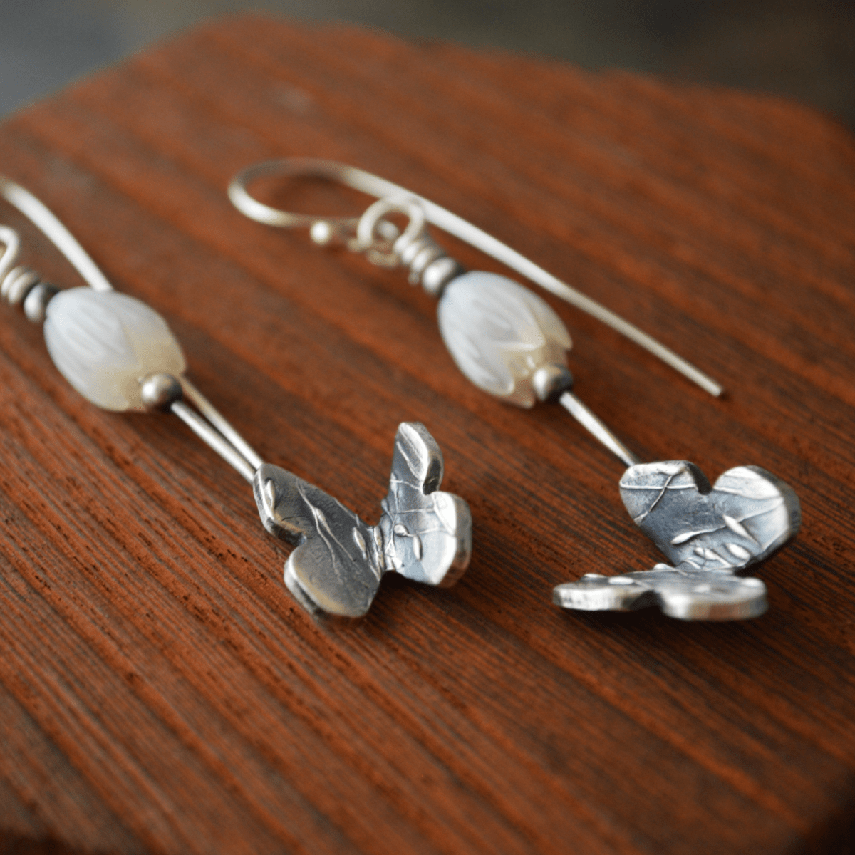 Silver Butterfly Earrings with Mother of Pearl Flower - Gayle Dowell