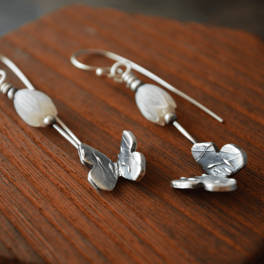 Silver Butterfly Earrings with Mother of Pearl Flower - Gayle Dowell