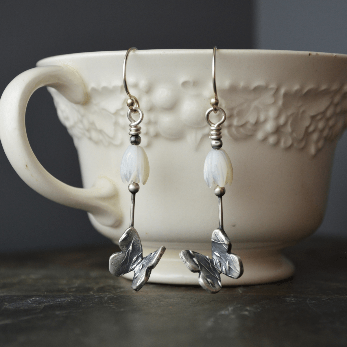 Silver Butterfly Earrings with Mother of Pearl Flower - Gayle Dowell