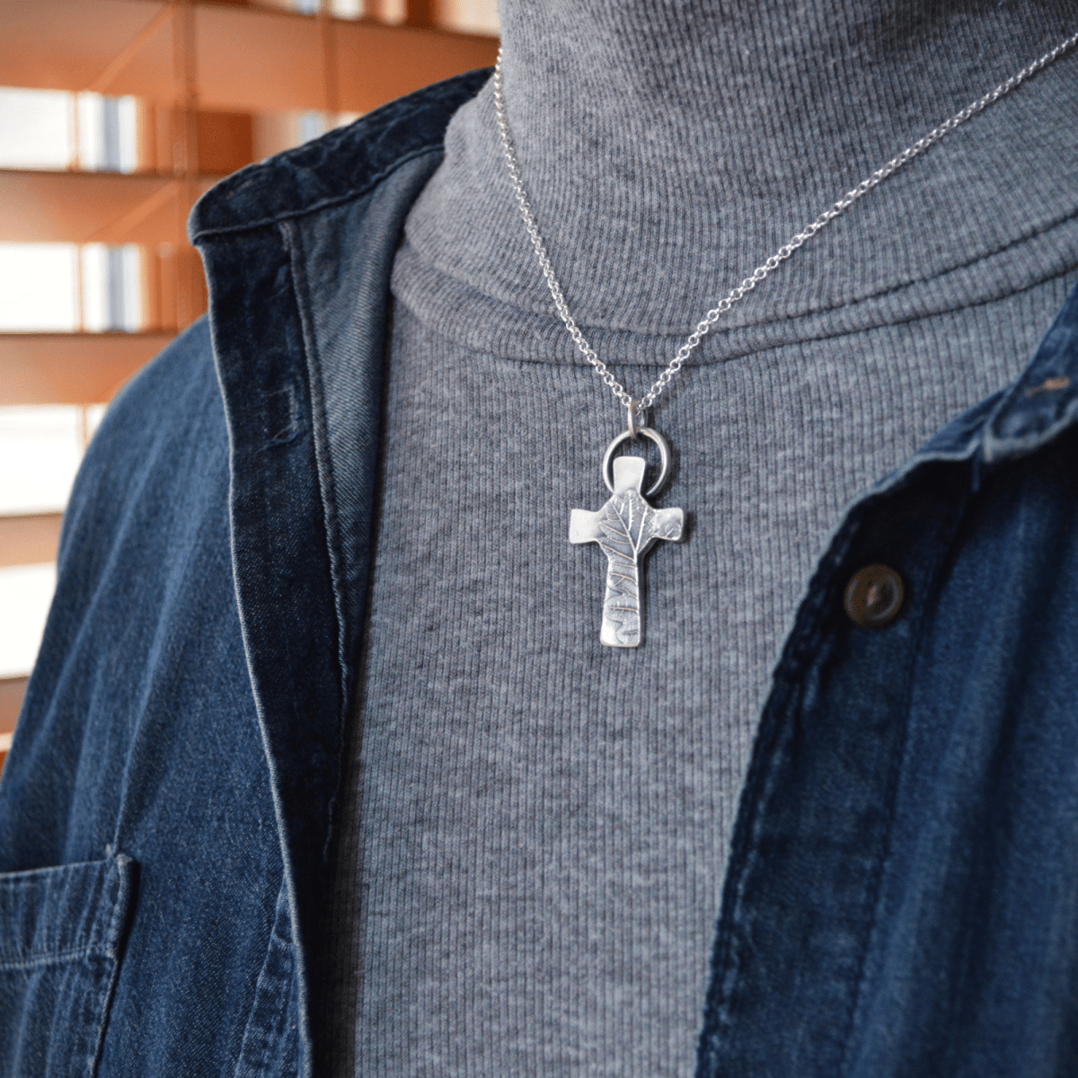 Silver Cross Necklace with Oak Leaf - Gayle Dowell
