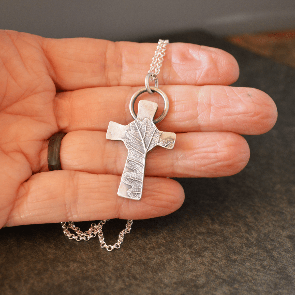Silver Cross Necklace with Oak Leaf - Gayle Dowell