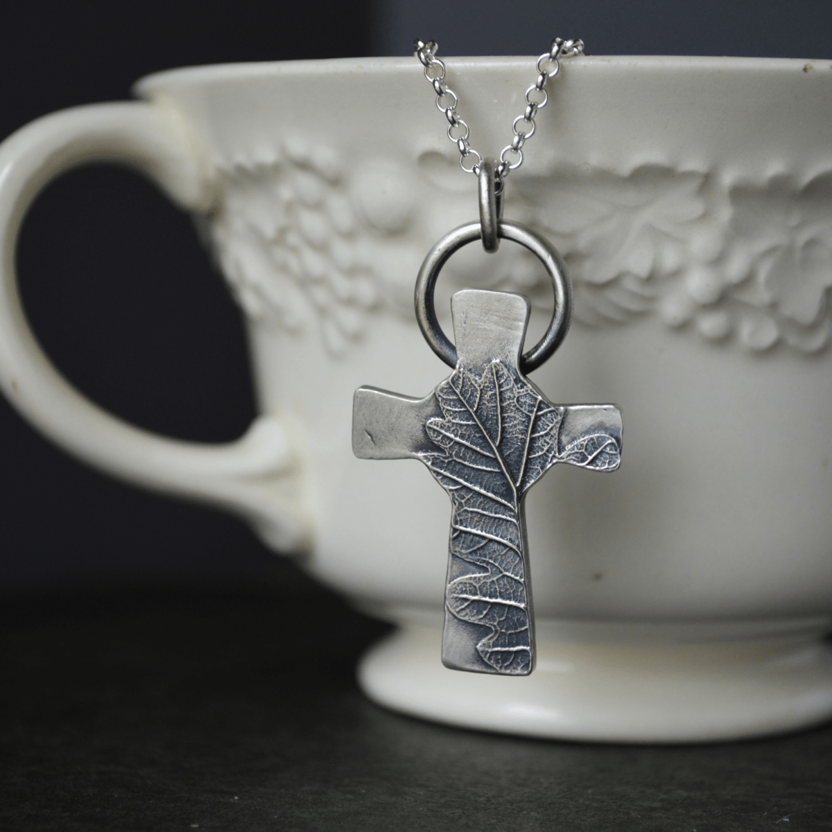Silver Cross Necklace with Oak Leaf - Gayle Dowell