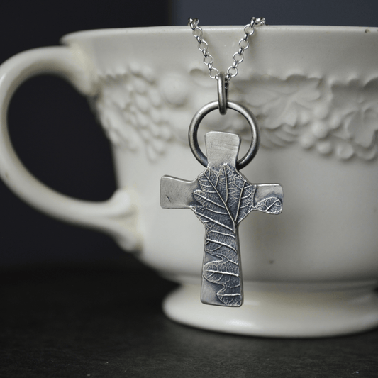 Silver Cross Necklace with Oak Leaf - Gayle Dowell